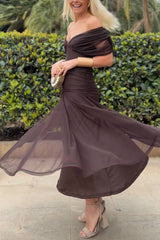 Unique Printed V-Neck Waisted Mesh Holiday Maxi Dress