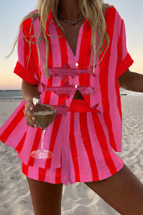 Fish Stripe Print Loose Button Elastic Waist Shorts Set