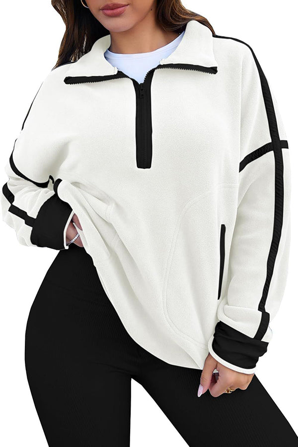 Stylish Color-blocked Trim Loose Casual Pocket Sweatshirt