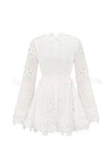 Diaz Embroidery Hollow Fabric Delicate Flower Trim Long Sleeve Side Lace-up Mini Dress