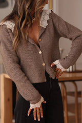Fashionable Lace-trimmed Sailor Collar Casual Knit Cardigan