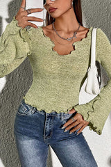 Solid Color V-neck Flared Long-sleeved Fitted Top