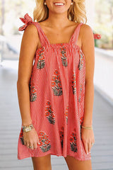 Floral Stripe Print Suspender Lace-Up Loose Mini Dress