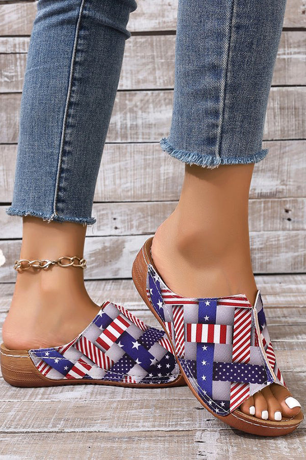 Independence Day Stars and Stripes Wedge Heel Peep Toe Slides