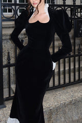 Baroque Style Velvet Lace Trim Sweetheart Neck Long Sleeve Flare Midi Dress