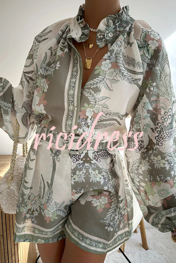 Botanical Print Palace Style Stand-up Collar Lantern Sleeve Loose Top and Casual Shorts Set