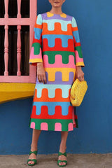 Geometric Print Long Sleeved Midi Dress with Side Slits
