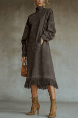 Solid Color Suede Loose Long-sleeved Casual Pocket Tassel Hem Midi Dress