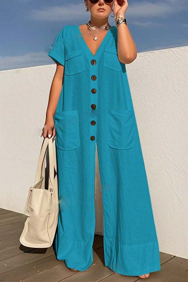 Solid Color V-neck Single-breasted Pocket Loose Casual Jumpsuit
