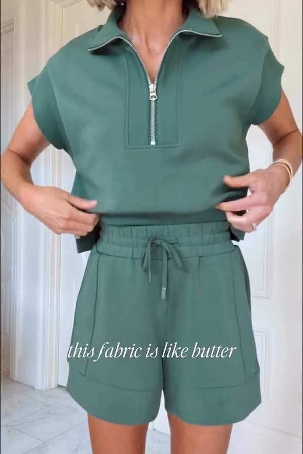 Buttery Touch Half-Zip Short Sleeve Sweatshirt and Elastic Waist Pocket Casual Shorts Set