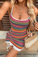 Colorful Stripe Embroidery Sexy Backless Lace-Up Holiday Mini Dress