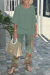 Fashion Round Neck Half Sleeve Loose Top and Elastic Waist Casual Straight Pants Set