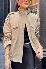 Fashionable Suede Loose Pocket Leather Jacket
