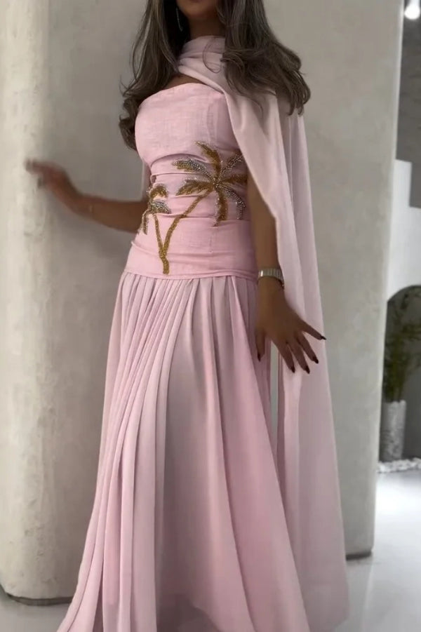 Stylish Beaded Sleeveless Off-shoulder Elegant Maxi Dress with Chiffon Shawl