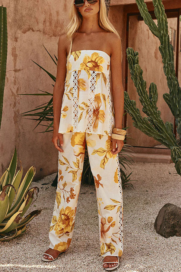 Lorde Linen Blend Floral Print Cutout Trim A-line Tank and High Rise Pocket Wide Leg Pants Set