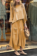 Solid Color Loose Round Neck Top and Elastic Waist Tie Casual Maxi Skirt Set