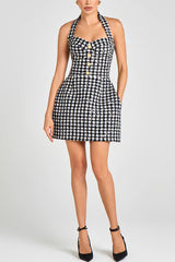 Mila Check Bouclé-tweed Fabric Halter Sweetheart Neck Gold Button Pocketed Mini Dress