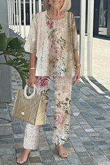 Fashion Round Neck Half Sleeve Loose Top and Elastic Waist Casual Straight Pants Set