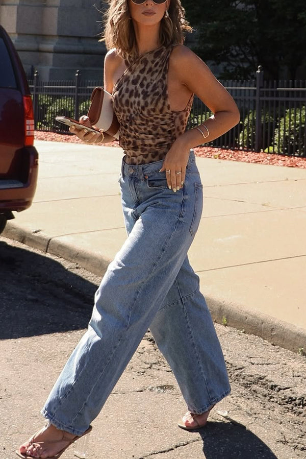 Leopard Print Asymmetric Mesh Pleated Slim-fit Rompers