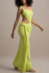 Sexy One-shoulder Backless Ribbon Pleated Slim Maxi Dress