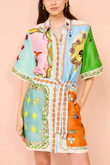 Linen Blend Unique Printed Short Sleeved Pocket Tie Waist Mini Dress(One Size UP)