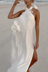 Floral Embellished Satin Halterneck Backless Resort Maxi Dress