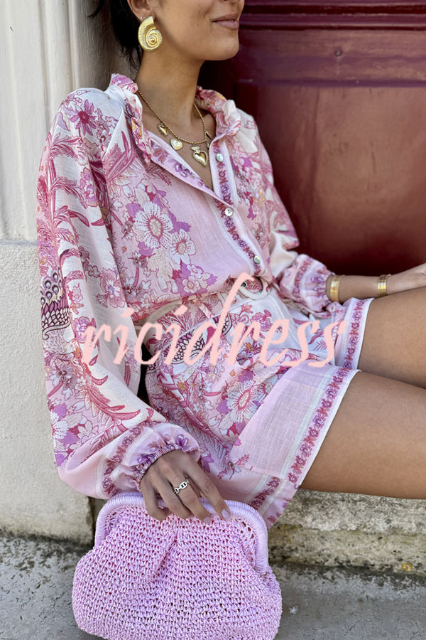 Botanical Print Palace Style Stand-up Collar Lantern Sleeve Loose Top and Casual Shorts Set