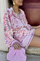 Botanical Print Palace Style Stand-up Collar Lantern Sleeve Loose Top and Casual Shorts Set