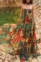 Vacay Vibes Colorful Lava Print Off Shoulder Smocked Scarf Maxi Dress