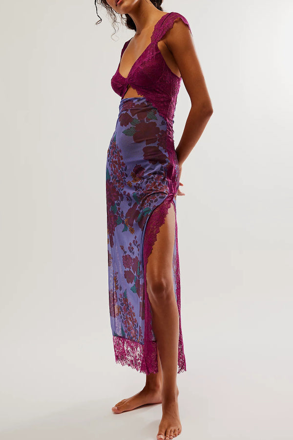 Floral Print Lace Patchwork Hollow-out Slim-fit Midi Dress