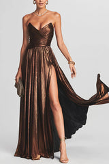 Goddess Temperament Metallic Pleated Fabric Off Shoulder Slit Maxi Dress