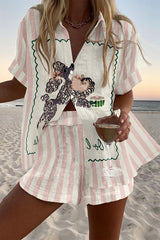 Poodle Stripe Print Loose Button Elastic Waist Shorts Set