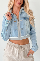 Fashionable Patchwork Hooded Casual Long-sleeved Denim Jacket