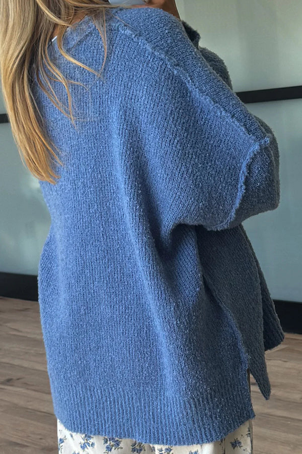 Solid Color Loose Long-sleeved Round Neck Knitted Split Sweater