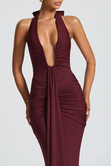 Solid Color Elegant Halterneck V-neck Open Back Tie Gathered Maxi Dress