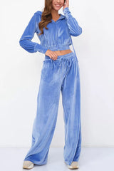 Solid Color Velvet Hooded Zip-up Sweatshirt and Elastic Waist Casual Pocket Straight-leg Pants Set