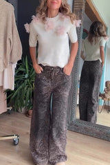 Alboran Knit Organza Flowers Detail Short Sleeve Loose Sweater