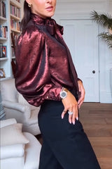 Ariella Metallic Satin Fabric Tie-up Bow Neck Long Sleeve Blouse