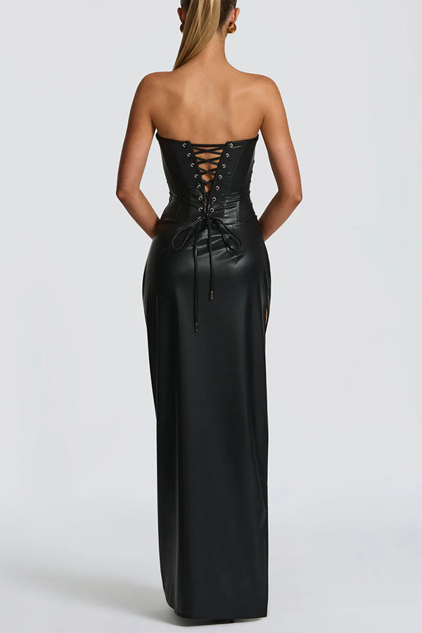 Alba Faux Leather Pleated Off Shoulder Neck Slit Stretch Maxi Dress