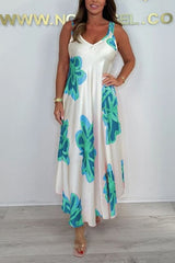 Satin Unique Print V-neck Suspender Midi Dress