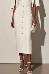 Solid Color Round Neck Slit Sleeve Waist Button Decoration Midi Dress