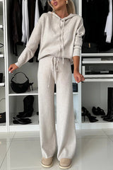 Solid Color Loose Hooded Tie Sweatshirt and Elastic Waist Casual Straight Pants Set