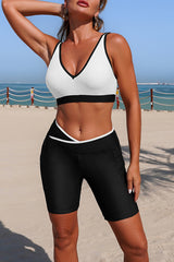 Stylish V-neck Pocketed Stretch Two-piece Bikini Swimsuit and Solid Color Long-sleeved Cover-up Set