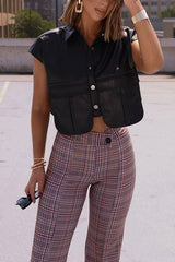 Fashion Faux Leather Pocket Sleeveless Cropped Jacket