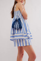 Striped Print Suspender Loose Pocket Top and Elastic Waist Casual Shorts Set