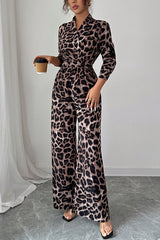 Fashionable Leopard Print Long-sleeved High-waisted Casual Wide-leg Jumpsuit