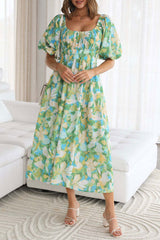 Holiday Square Neck Floral Print Puff Sleeve Madi Dress