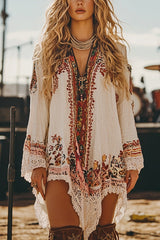 Unique Printed Ethnic-style V-neck Long-sleeved Loose Mini Dress