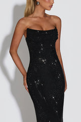 Mirabella Sequin Pleated Cowl Scooped Neckline Back Lace-up Strapless Maxi Dress