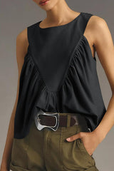 Solid Color Round Neck Sleeveless Pleated Loose Vest